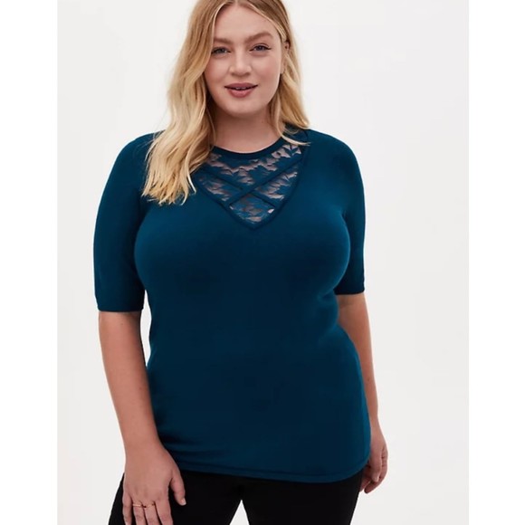 Torrid Plus Size Blue Pullovet Lace Neck Sweater Size 0 - Picture 1 of 6